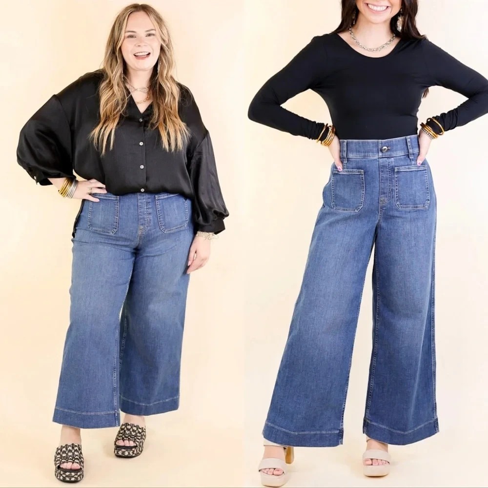 Spanx SPANXshape EveryWear Cropped Wide Leg Jeans Patch Pockets Size XL Tall
